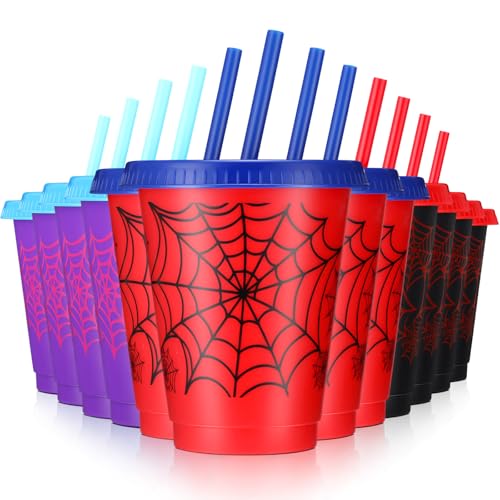 Lzuhoa 12 Pcs 16 oz Spider Cups Bulk with 3 Styles Spider Birthday Party Favors Cups with Lids and Straws Plastic Cup for Birthday Party Decorations Birthday Party Favor Supplies for Friends