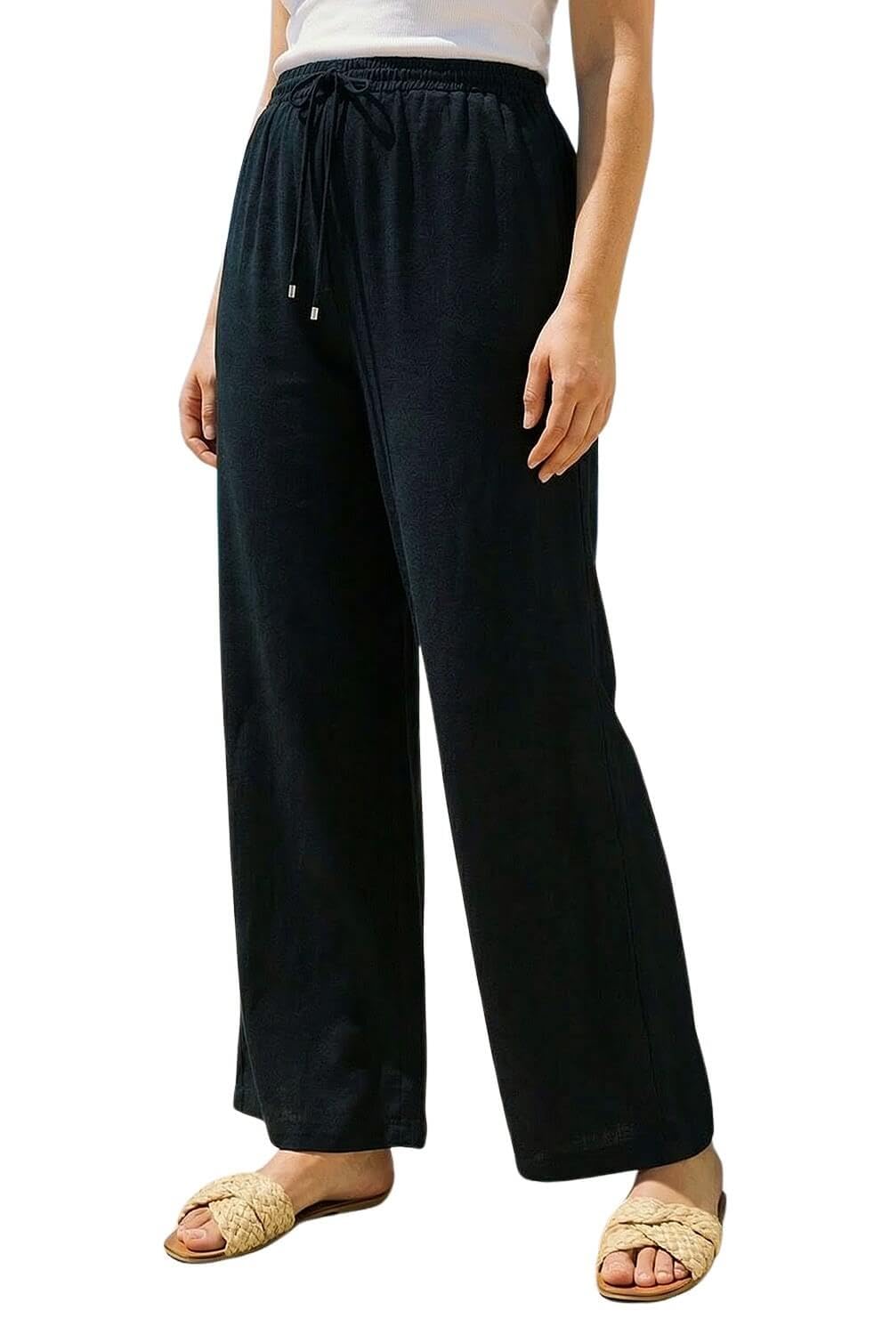 Roman Wide Leg Trousers for Women Ladies Linen Dressy Joggers Sweatpants Lounge Tracksuit Bottoms Palazzo Yoga Jogging Gym Casual Loungewear Daywear Work Holiday - Noir Plus - Size 2224