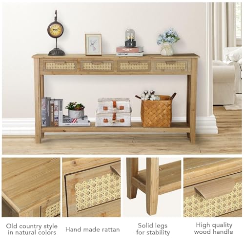 Wnutrees Farmhouse Console Table with 4 Rattan Drawers, 60\" Long Narrow Boho Foyer Sofa Tables with Open Storage Shelves for Entryway, Hallway, Living Room, Natural