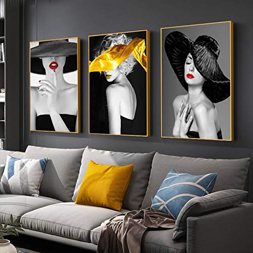 Peinture toile mode femme ruban d'or art mural triptyque haut de gamme 40x60cm