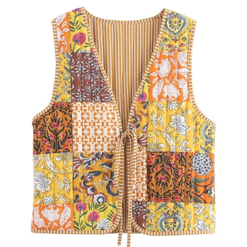 Wyeysyt Women's Cropped Floral Quilted Puffer Vest Printed Lightweight Sleeveless Padded Gilet Outwear