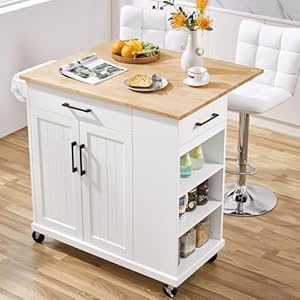 Yaheetech Rolling Kitchen Island Cart with Drop Leaf Portable Rubberwood Breakfast Bar with Storage Cabinet Open Shelves Detachable Towel 2 Drawers White