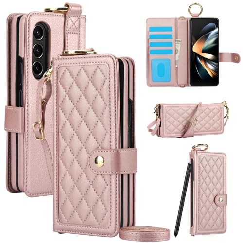 Étui portefeuille Galaxy Z Fold 3 haut de gamme or rose avec dragonne
