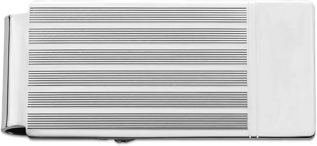 JewelryWeb Solid Polished Patterned Engravable (front only) Silver Plated and Rhodium Etched Lines Hinged Money Clip 50x23mm Wide Money Clip for Men