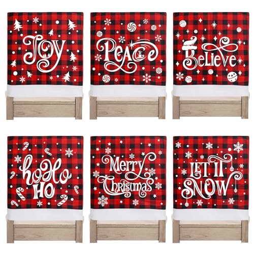 KIMOBER 6PCS Christmas Chair Covers Decor,Red and Black Buffalo Plaid Xmas Chair Slipcovers Sets for Christmas Dinning Decoration