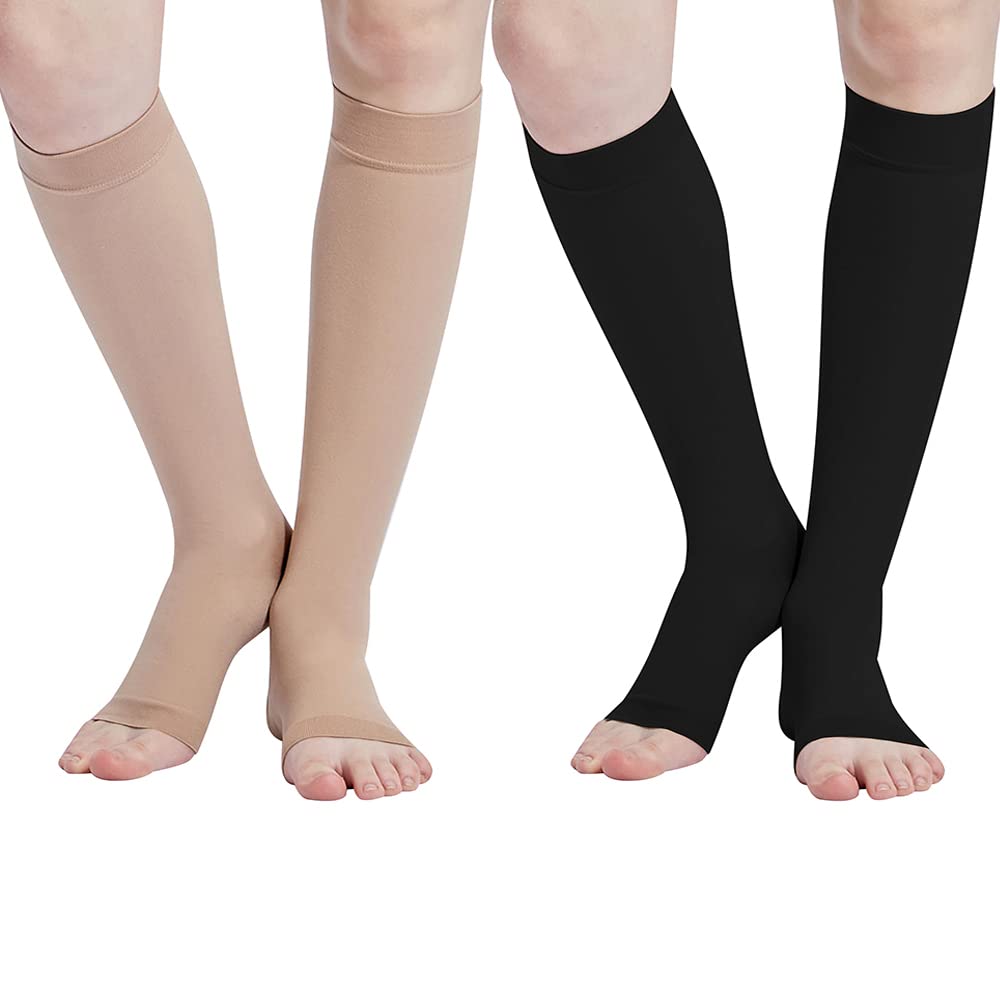 Losvcbcx 2 Pair Open Toe Medical Compression Socks for Women & Men High Calf Compression Socks Firm 20-33 mmHg Graduated Support Stockings