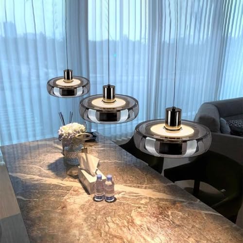 Pendant Light,LED Gray Glass Liftable Hanging Lamp Dimmable Ceiling Suspended Lights Adjustable With Remote Control Kitchen Island Lamps Dining Table