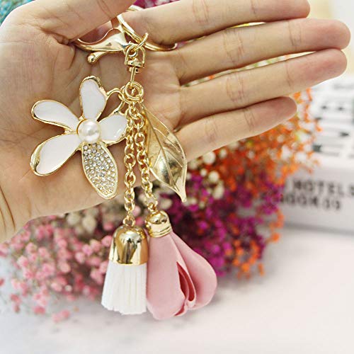 Swjewel Flower Keychain Rhinestone Tassel Leaf Key Ring Women Wallet Bag Pendant Charms (Gold-Pink) #TOP2