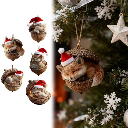 5 Stück Weihnachtsbaumschmuck, Waldtier Eichels Ornamente, Acryl 2D...