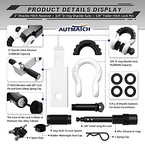 Autmatch Shackle Hitch Receiver 2 Inch - 3/4" D Ring Shackle And 5/8" Trailer Hitch Lock Pin, 45,000 Lbs Break Strength Heavy Duty Receiver Kit For Vehicle Recovery, White #TOP1