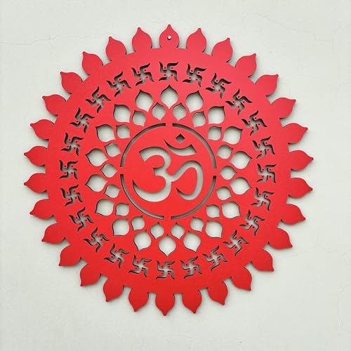 Image of BAPUBEBE Om Round Wall Art Mdf Wooden Frame Om Chakra For Mandir Temple, Living Room, Office, Hotel, Gift Item, Mandala Wall Hanging For House Home Decoration Items Size 12 * 12inch (RED)