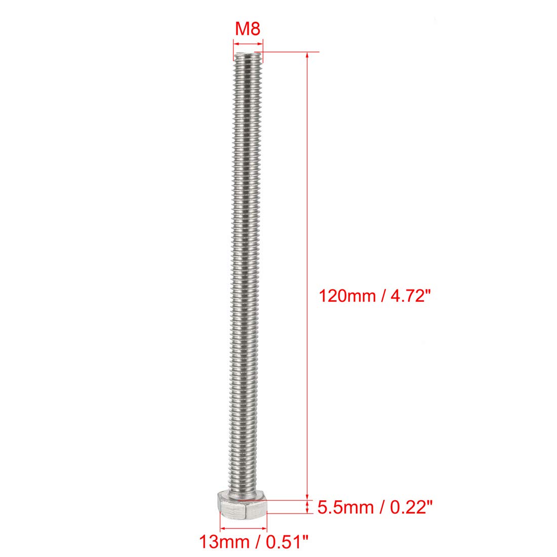 sourcing map Filetage M8 120mm acier inoxydable 304 vis tête Hex 10pc