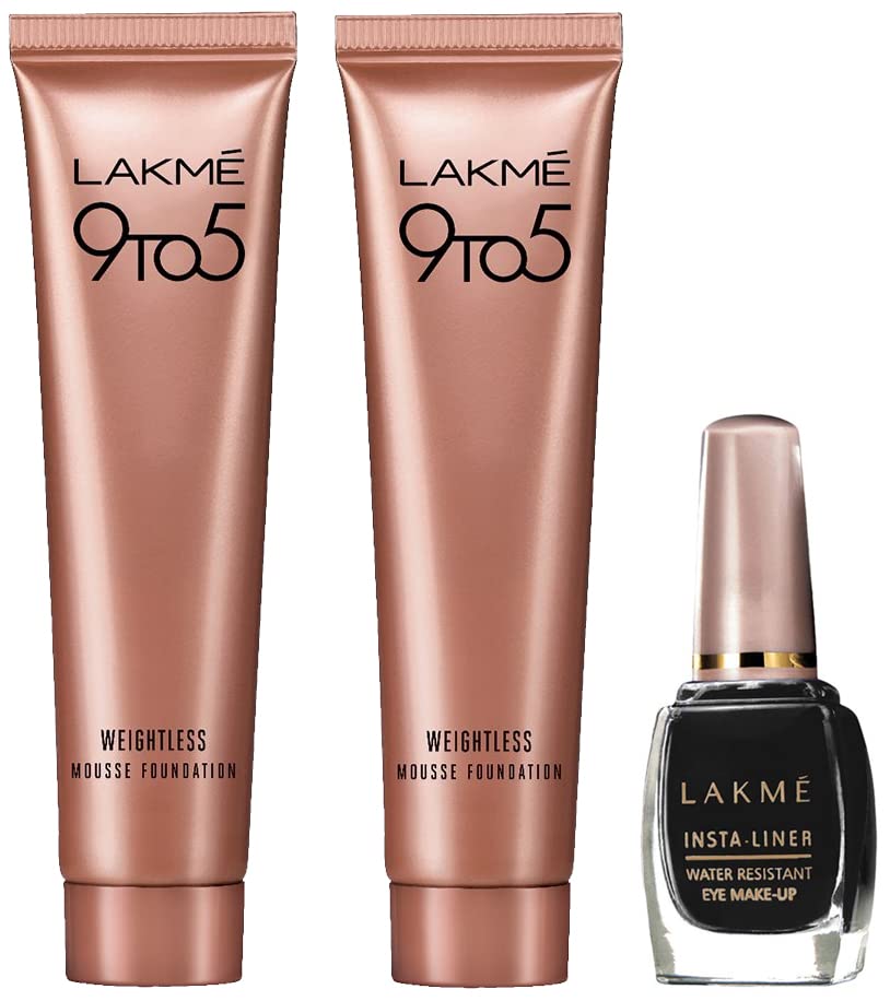 Image of LAKME Insta Matte Finish Cream Eye Liner, Black, Water Resistant, Long-Lasting, 9Ml & 9 To 5 Weightless Mousse Foundation Mini, Beige Vanilla, 6G & 9 To 5 Weightless Mousse Foundation, Rose Ivory, 6G