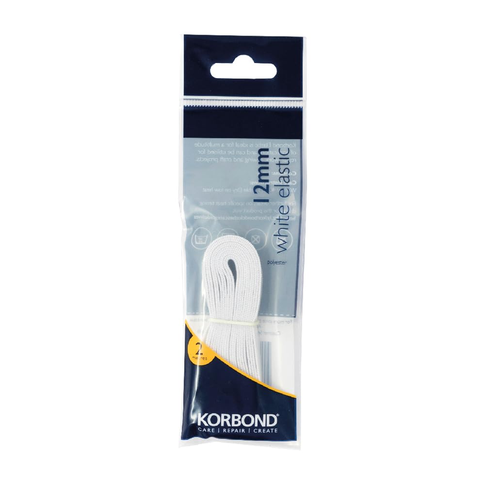 KORBOND Sewing Elastic - Flat - White – 12mm x 2m – Repair Clothes, Waistbands, Cuffs, Dressmaking, Crafts Projects