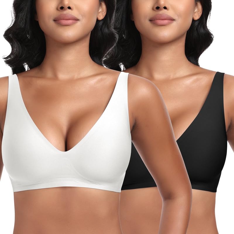 Jiuday Tiefer V Push Up BH ohne Bügel for Damen Bequemer BH für Große Brüste Starker Halt Seamless Soft Bra Bügelloser Gepolstert Nahtloser Glatter Bralette (Schwarz+Weiß,M)