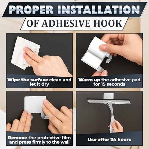 Image of Shower Door Squeegee with Hook - 12 inch Silicone Blade, Stainless Steel Squeegee for Shower Glass with Adhesive Mount - All-Purpose Bathroom Tile, Mirror, & Window Wiper for Streak-Free Cleaning (Silver)