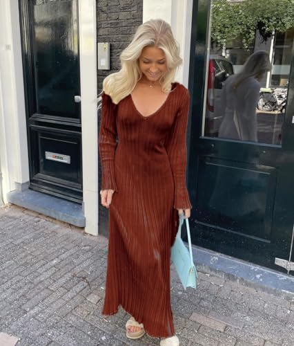 Image of Women's Long Knit Crewneck Sweater Dress Tie Waist A-Line Swing Pleated Bodycon