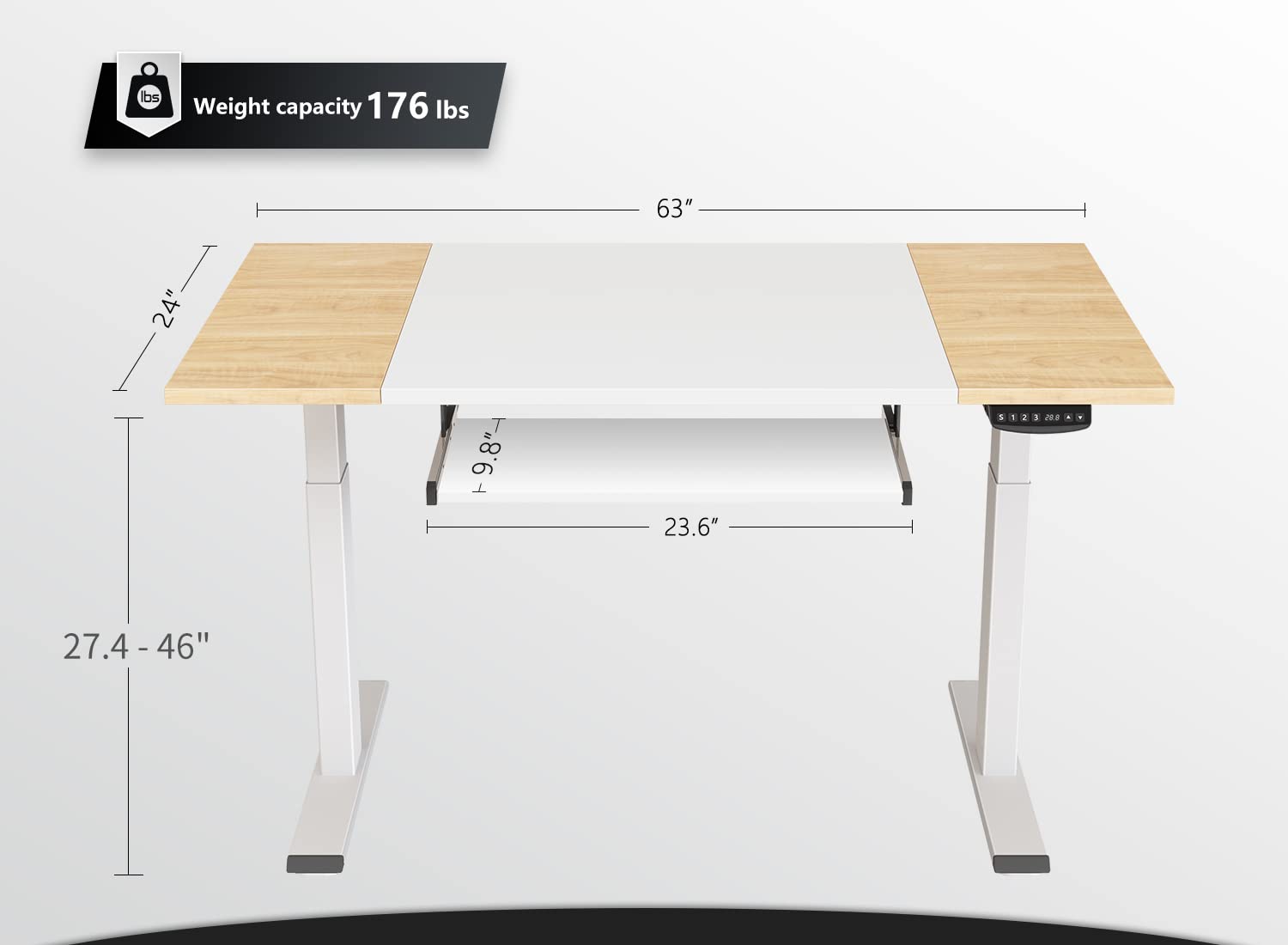 FEZIBO Dual Motor 63 x 24 Inch Height Adjustable Standing Desk with Keyboard Tray, Electric Sit Stand Desk with Splice Board, Natural and White Top/White Frame