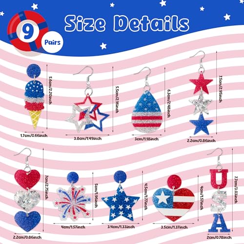 Y1tvei American Flag Earring for Women - 9 Pairs 4th of July Accessories Heart Star USA Red White Blue Dangle Drop Glitter Acrylic Preppy American Patriotic USA Love Flag Jewelry Gifts3