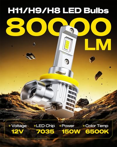 Image of AUXITO H11 LED Bulb H8 H9 H16 80000LM 6500K Cool White, EMC Protection, Plug-N-Play, Real 1:1 Halogen Size Fog Lights, Pack of 2