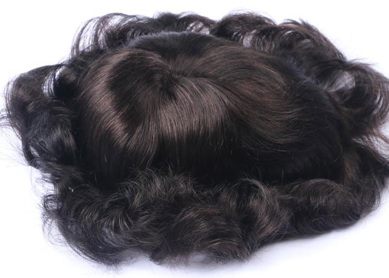 Men's Toupee Men's Wig non-surgical Hair Replacement French Lace Front and Center with middle Pu Around