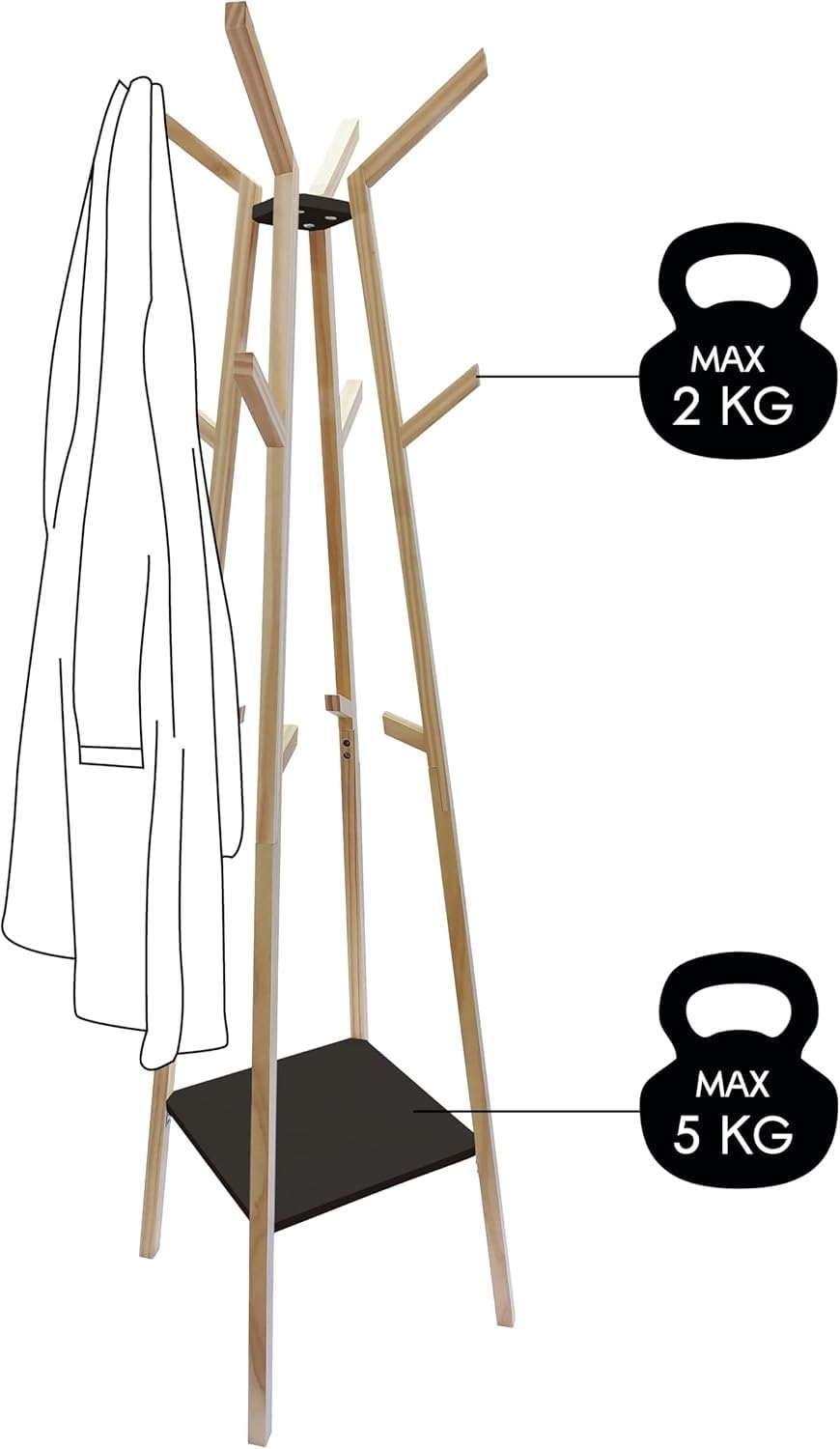 Porte-Manteaux Bois Naturel et Noir 47x47x170 cm 12 Crochets Style Scandinave