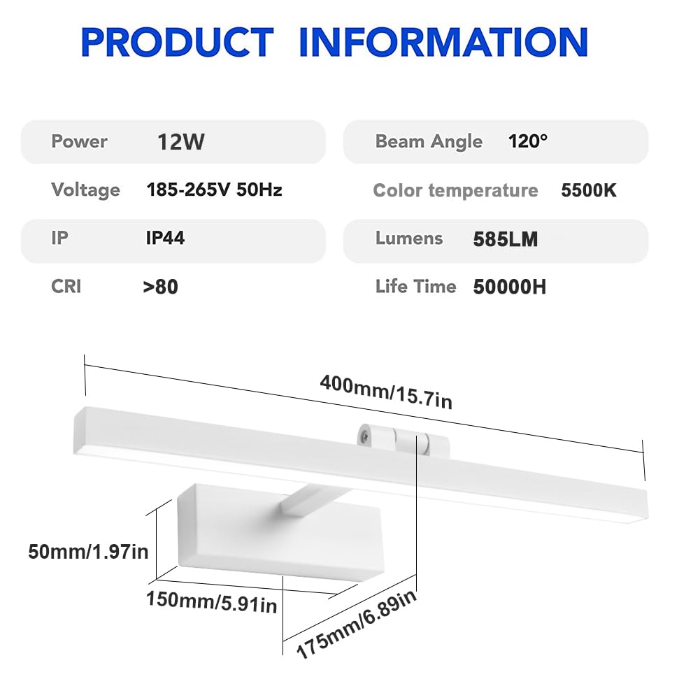 Klighten Lampada a Specchio a LED Bagno 12W 585lm Lampada Armadio Specchio Applique da Parete Moderna Illuminazione da Bagno Bianco Neutro 5500K IP44