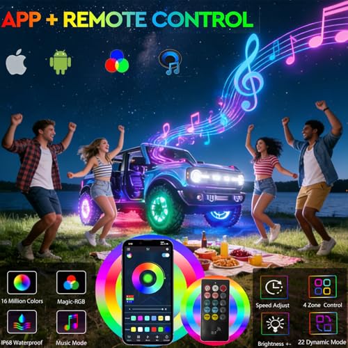 Image of Ultra-Bright 4PCS 17 inch Double Row RGB+ White Wheel Lights for Truck Car,APP & RF 4-Zone Control Wheel Weel Ring Rim Lighting kit with Music Sync Dynamic Modes,Brake & Courtesy Function,2592 LEDs