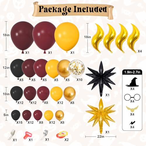 Image of Ouddy Life 172pcs Magical Wizard School Balloons Garland Arch Kit | Burgundy Black Gold Yellow Confetti Snitch Star Foil Balloon for Magic Themed Birthday Decorations Baby Shower Party Supplies