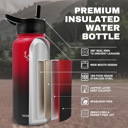 Image of NATURE PIONEOR 32 oz Insulated Water Bottle with Carrier Bag & 3 Lids