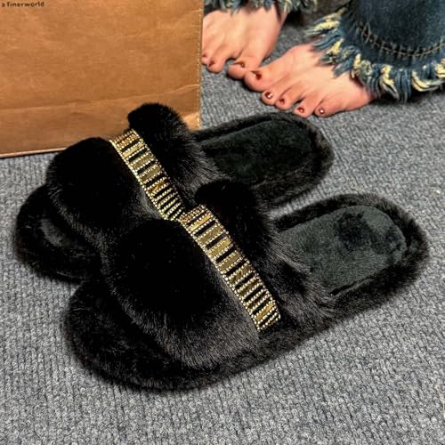 Women's Fluff Slippers Open Toe with Golden Chain Strap - Soft Fleece Lining, Non-Slip Rubber Sole, Stylish All-Season Indoor Shoes for Home & Office2