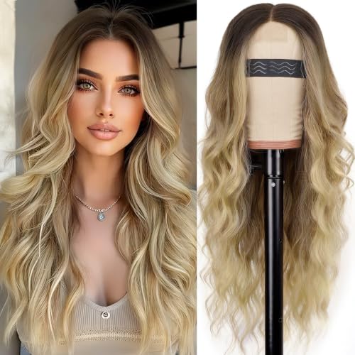 Image of AISI HAIR Blonde Wig for Women, Long Wavy Lace Hairline Blond Synthetic Middle Part Ombre Blonde Wigs for Daily Party-26 Inch