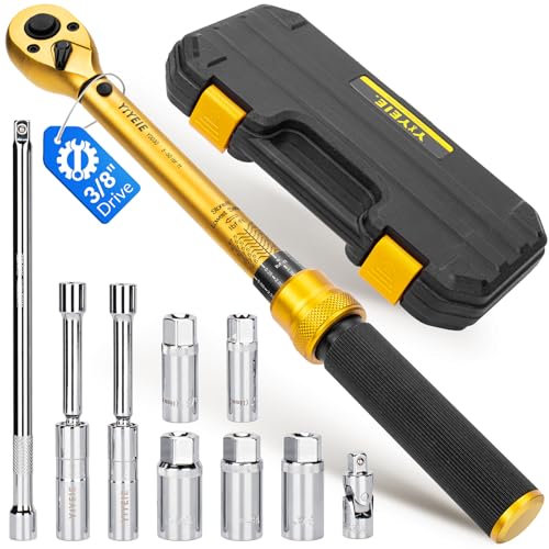 YIYEIE 10PCS Full Magnetic Spark Plug Socket Set with 3/8' Drive Torque Wrench (5-50 FT.LB/6.8-67.8Nm), Swivel Magnetic Spark Plug Removal Kit Includes 14, 16, 18mm& 9/16, 5/8, 3/4, 13/16 Inch Sockets