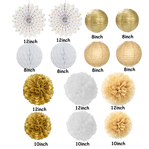 White Gold Party Decorations Streamers - 14Pcs Christmas Wedding Engagement Paper Lanterns Fan,Tissue Pom Poms,Honeycomb Balls,Bachelorette Neutral Birthday Baby Bridal Shower Decor Lasting Surprise #TOP4