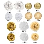 White Gold Party Decorations Streamers - 14pcs Christmas Wedding Engagement Paper Lanterns Fan,Tissue Pom Poms,Honeycomb Balls,Bachelorette Neutral Birthday Baby Bridal Shower Decor Lasting Surprise - Image 5