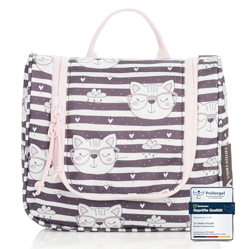 TA Trend Atelier Kinder Kulturtasche aus recyceltem Polyester – nachhaltiger Kulturbeutel/Waschtasche, PFC-frei, wasserabweisend & zum Aufhängen (Katze)
