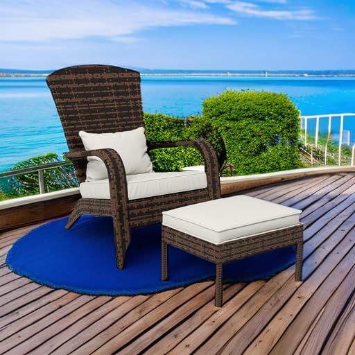 Miniatura 6 de Outsunny Silla Adirondack de mimbre para patio con otomana, silla para fogata al aire libre con cojines, respaldo alto, asiento grande y