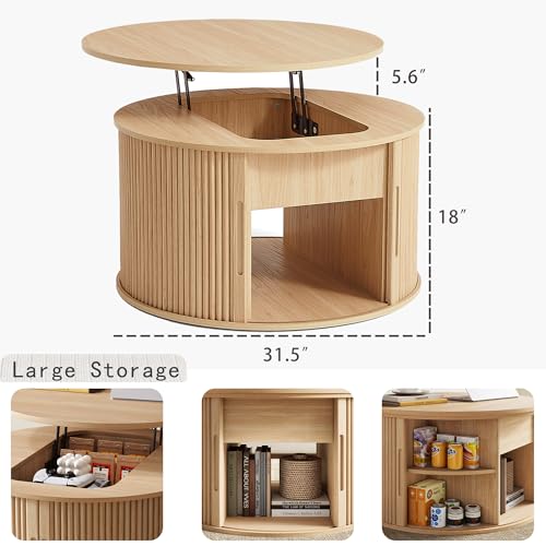 Image of LINSY Lift Top Coffee Table, Round Fluted Coffee Table with Storage, Boho Wooden Coffee Tables with Sliding Tambour Door, 31.5 inch Center Table for Living Room, Office, Small Space, Natural Oak