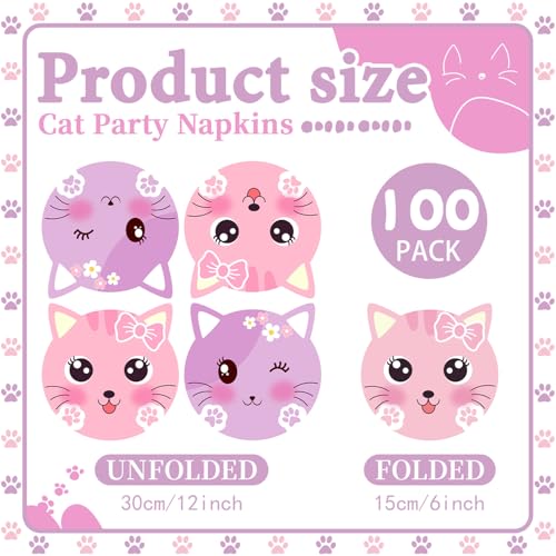 Serviettes en papier chat pour anniversaire enfant et fête - Lot de 100 roses et violettes 16,5cm