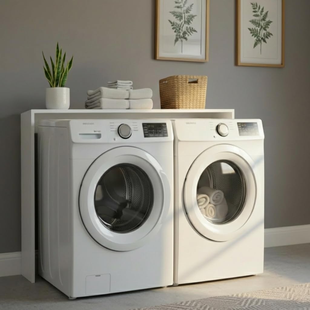 Over the Washer and Dryer Storage Shelf – Engineered Wood Laundry Room Organizer with Side Panels, Wall-Mounted Washer Dryer Utility Shelf Top Surface for Folding and Laundry Supplies (White)