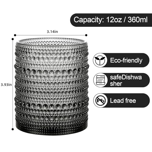 Image of ZMOWIPDL Drinking Glasses Set of 6,12oz Grey Hobnail Glass Cups | Vintage Glassware，Embossed Water Tumbler,for Beer,Cocktail,Whiskey,Juice and Various Mixed Drinks- 1 Cleaning Brush