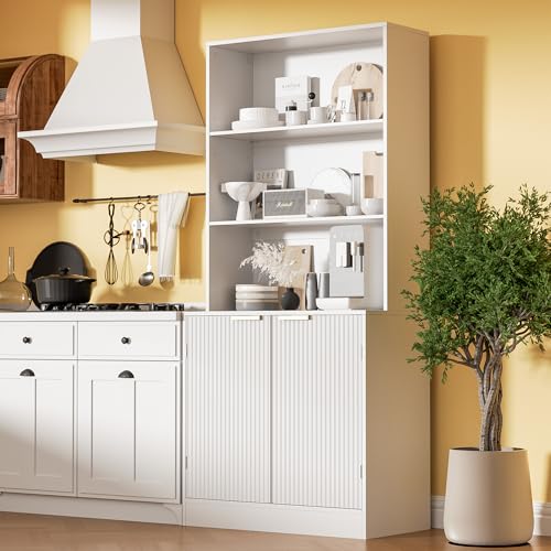 Housoul 67" Pantry Cabinet with 2 Doors, 3-Tier Modern Hutch with Adjustable Shelves, Freestanding Larder Cupboard, Kitchen Pantry Storage Cabinet for Kitchen, Dining Room, Bathroom, White