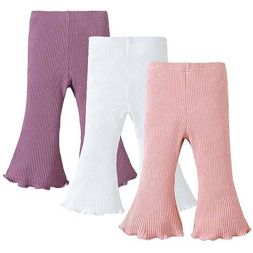 Image of SOBOWO Baby Girl Flare Pants 3 Pack Toddler Solid Ribbed Ruffle Bell Bottoms Pants Trousers Fall Outfits