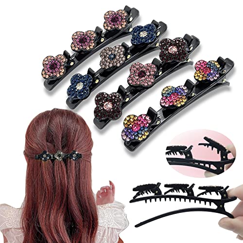 LSxia 4PCS Braided Hair Clips for Braids, Four-Leaf Clover Chopped Hairpin Duckbill Clip with 3 Small Hair Clips for Styling, Sparkling Rhinestone Crystal Stone Braided Hair Clip for Women
