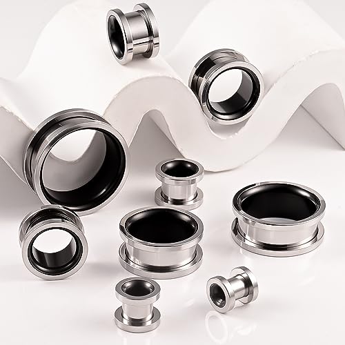 Vankula Ecarteur Oreilles 1 Paire Double Évasé Plug Tunnel Vis en Acier Inoxydable Piercing Bijoux pour Femmes Hommes 10mm(00G) Argent Noir – vue 4