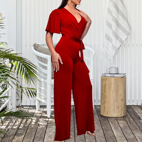 Image of PaladMom Womens Elegant Plus Size Jumpsuits Sexy Back zipper Short Sleeve Mid Waist Wide Leg Straight Rompers