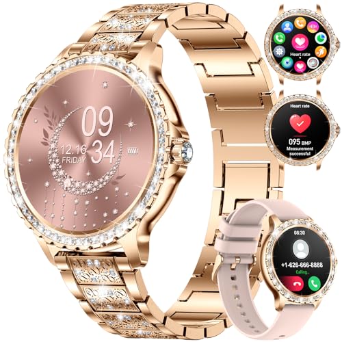 LIGE Womens Smart Watch 1.32 HD Elegant Diamond Bluetooth Phone Calls for Android iOS Ladies Smartwatch Round Dial 100+ Sport Fitness Tracker Heart Rate Sleep Monitor 2 Watch Straps Rose Gold