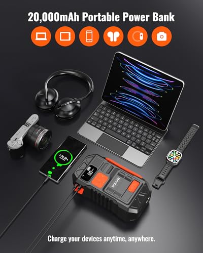 3000A Jump Starter with Air Compressor - 160PSI Car Battery Jumper Starter Portable for up to 8L Gas & 7L Diesel, 12V Jump Box, 20000mAh Powerbank, Dual Flashlight, LED Display, Orange - Image 6