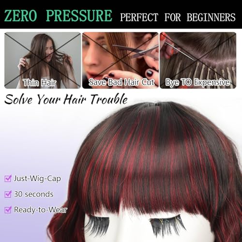 Image of AISI HAIR Synthetic Wavy Curly Bob Wig with Bangs Brown Mix Wine Red Short Hair for Women Synthetic Heat Resistant Bob Wigs