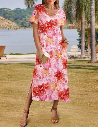 Image of Zeagoo Women Summer Floral Dress Short Sleeve Beach Dress with Pockets Casual V-Neck Split Long T-Shirt Dress Travel Vacation